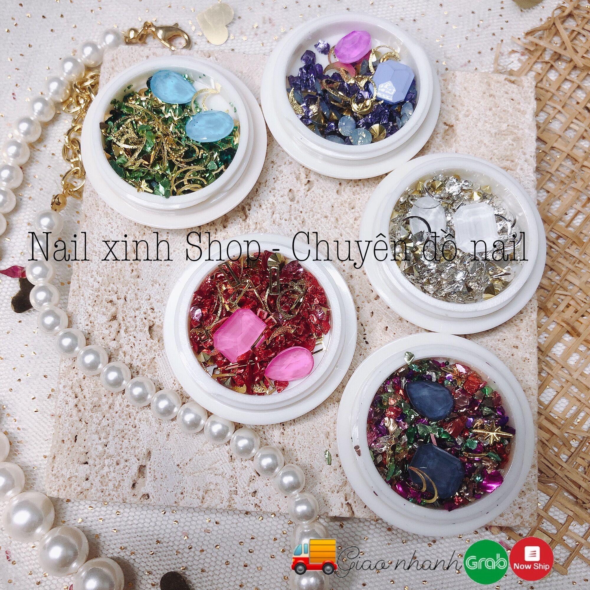 Đá trang trí móng, đá nail hộp tròn, phụ kiện nail, trang trí móng tay