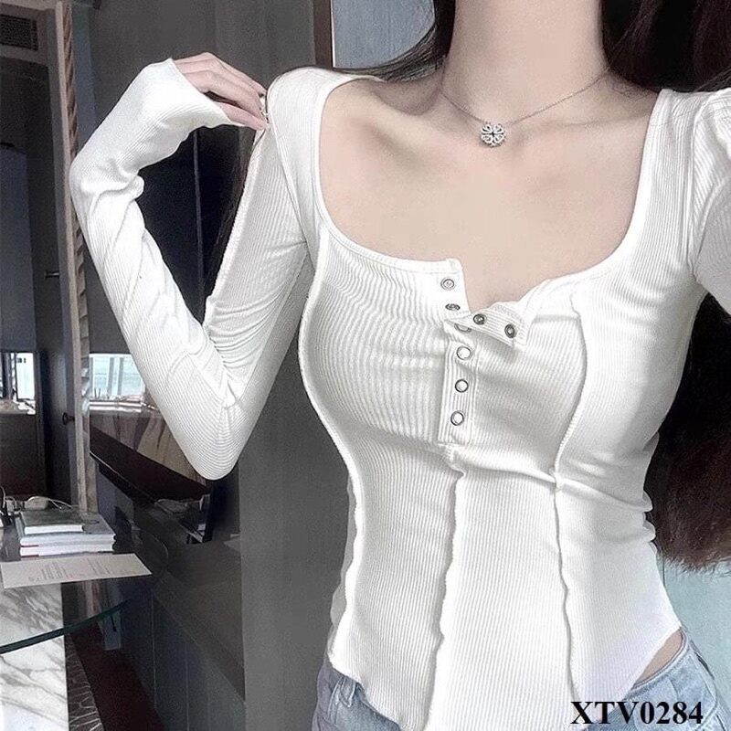 Áo Cổ U Nút Bấm Tay Dài Thun Gân