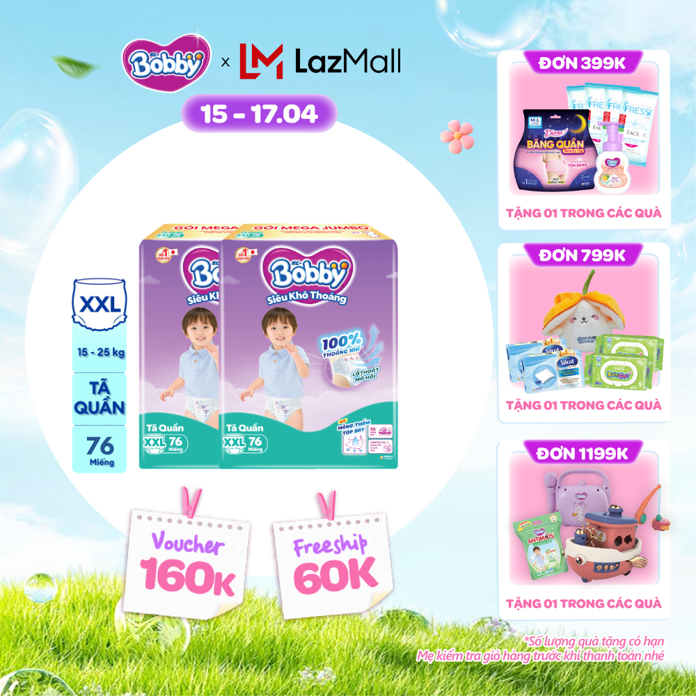 [CHỈ 18-24.04 QT Đơn 899K/1199K] Combo 2 Tã/bỉm quần Bobby 3mm Mega Jumbo Gạo non Giảm nhiệt XXL76 [Bao bì thay đổi theo từng đợt nhập hàng]
