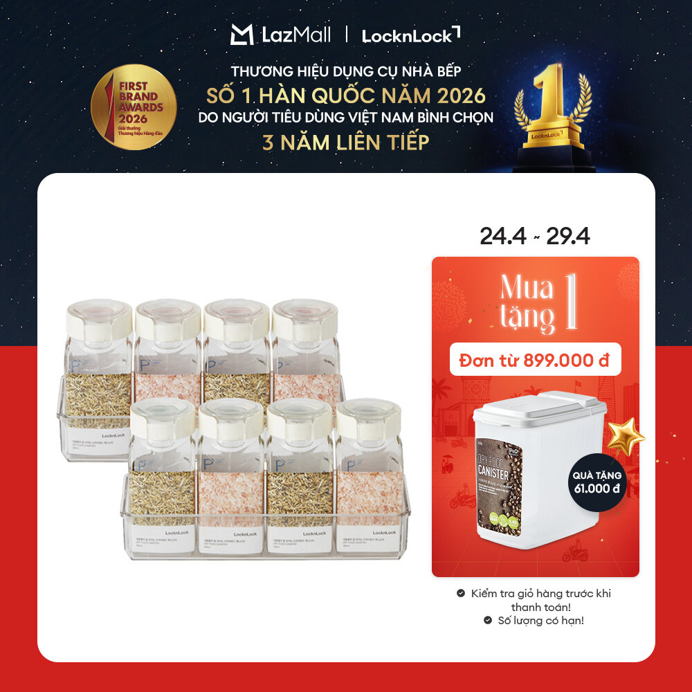 Bộ 4 Hũ đựng thực phẩm khô bằng nhựa LockLock 380ml HTE500NS4 - Màu trong suốt, có khay nhựa