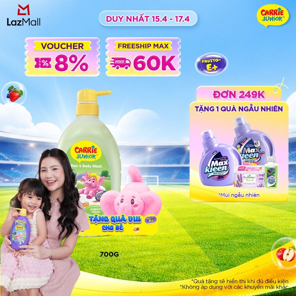 [Tặng kèm voi bông | Màu ngẫu nhiên] Chai Sữa Tắm Gội Cho Bé Carrie Junior Yoghurt chiết xuất trái cây thiên nhiên hương Dưa Lưới 700g