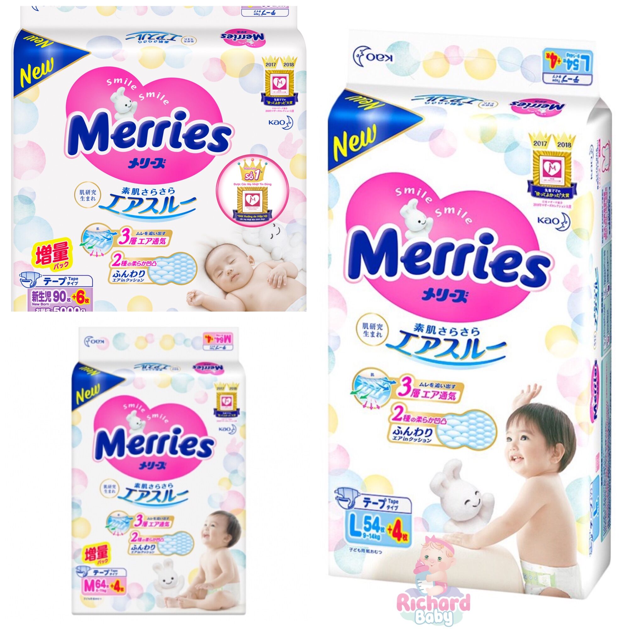 Bỉm,Tã dán/quần Merries Cộng Miếng nội địa Nhật Bản đủ các loại size