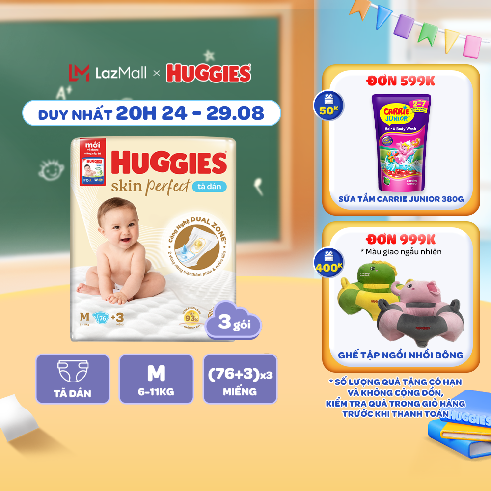 Combo 3 tã/bỉm dán huggies skin perfect super jumbo m76+3/l68/xl60/xxl54 với 2 vùng thấm giảm kích ứng da