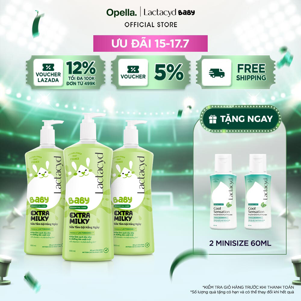 Bộ 3 Chai Sữa Tắm Gội Trẻ Em Lactacyd Baby Extra Milky Làm Sạch Dịu Nhẹ và Dưỡng Ẩm Vượt Trội Size Jumbo 800ml