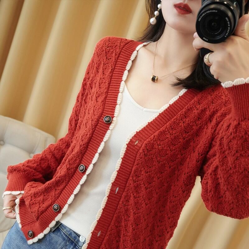 Áo Len Cardigan Dệt Kim Hở Vai Mỏng Dài Tay Cho Nữ Mùa Xuân Thu Áo Khoác Ngoài Mỏng Kiểu Dáng Rộng Cổ Chữ V Nút