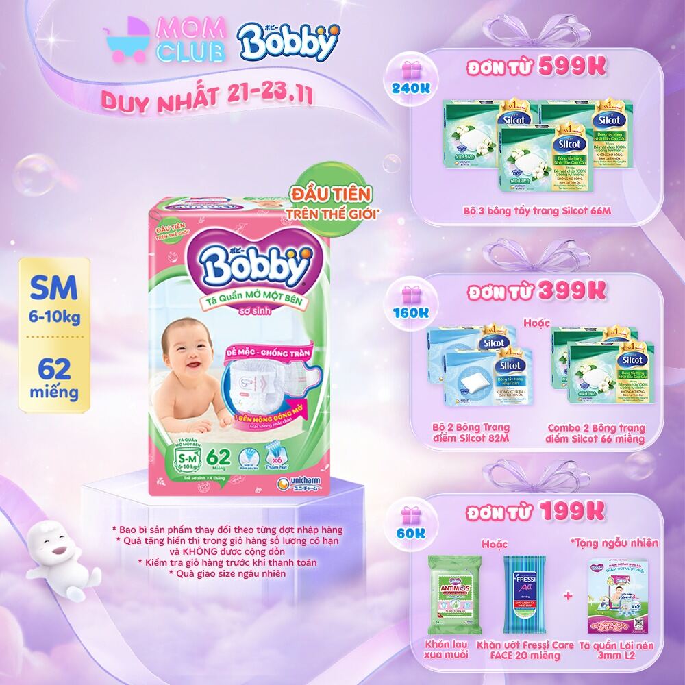 [MỚI] Tã/bỉm quần Mở Một Bên Bobby size S-M 62 miếng