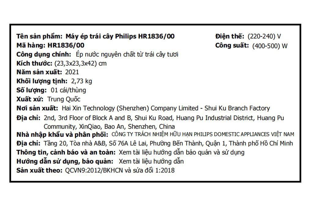 Máy ép trái cây Philips HR1836 [HÀNG CHÍNH HÃNG BẢO HÀNH 24 THÁNG]