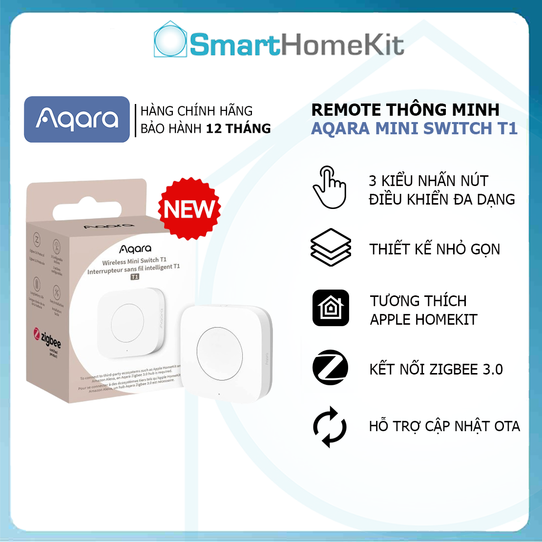 Nút nhấn không dây Aqara T1 Wireless Mini Switch WB-R02D, Zigbee 3.0, Tương thích Apple Homekit