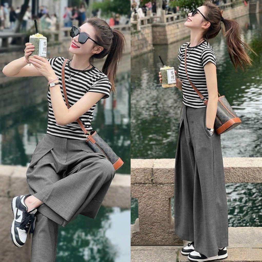 Jumt set áo thun sọc quần dài ống rộng