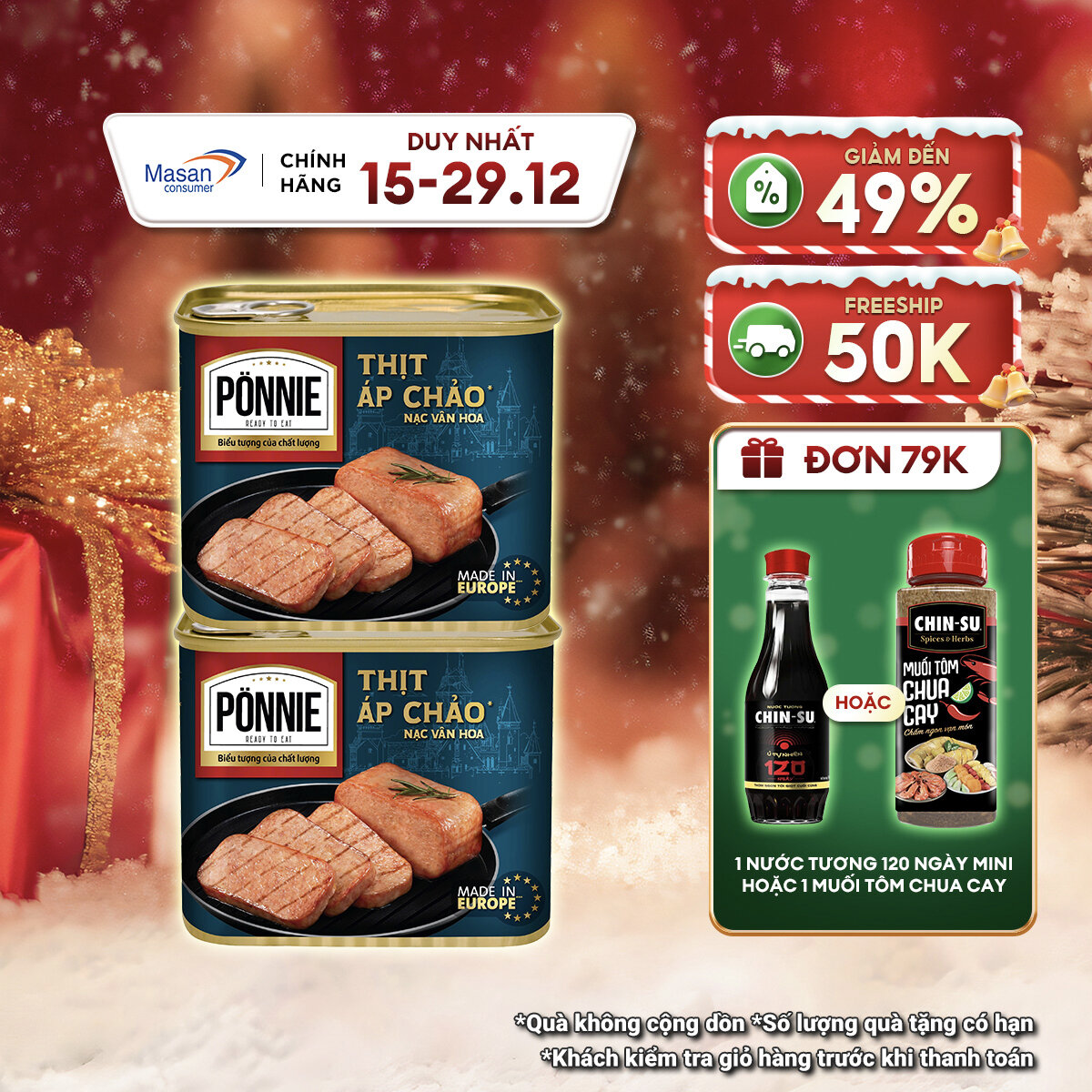   15.12-29.12 Voucher 18% CHO ĐƠN TỪ 199K Combo 2 Thịt Áp Chảo Ponnie 340g 