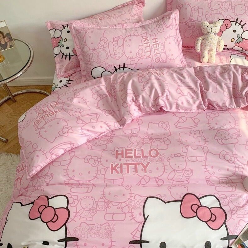 Chăn ga gối cotton poly - Mẫu hello kitty.