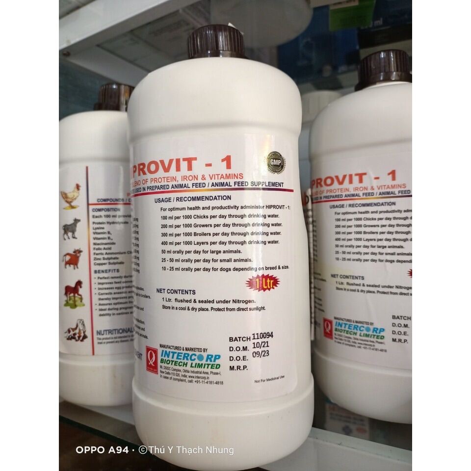 HIPROVIT 1 chai 1 lít. Vỗ béo, tăng trọng nhanh, tăng sản lượng trứng, phục hồi sức khỏe vật nuôi. Bổ sung đảm thủy phân