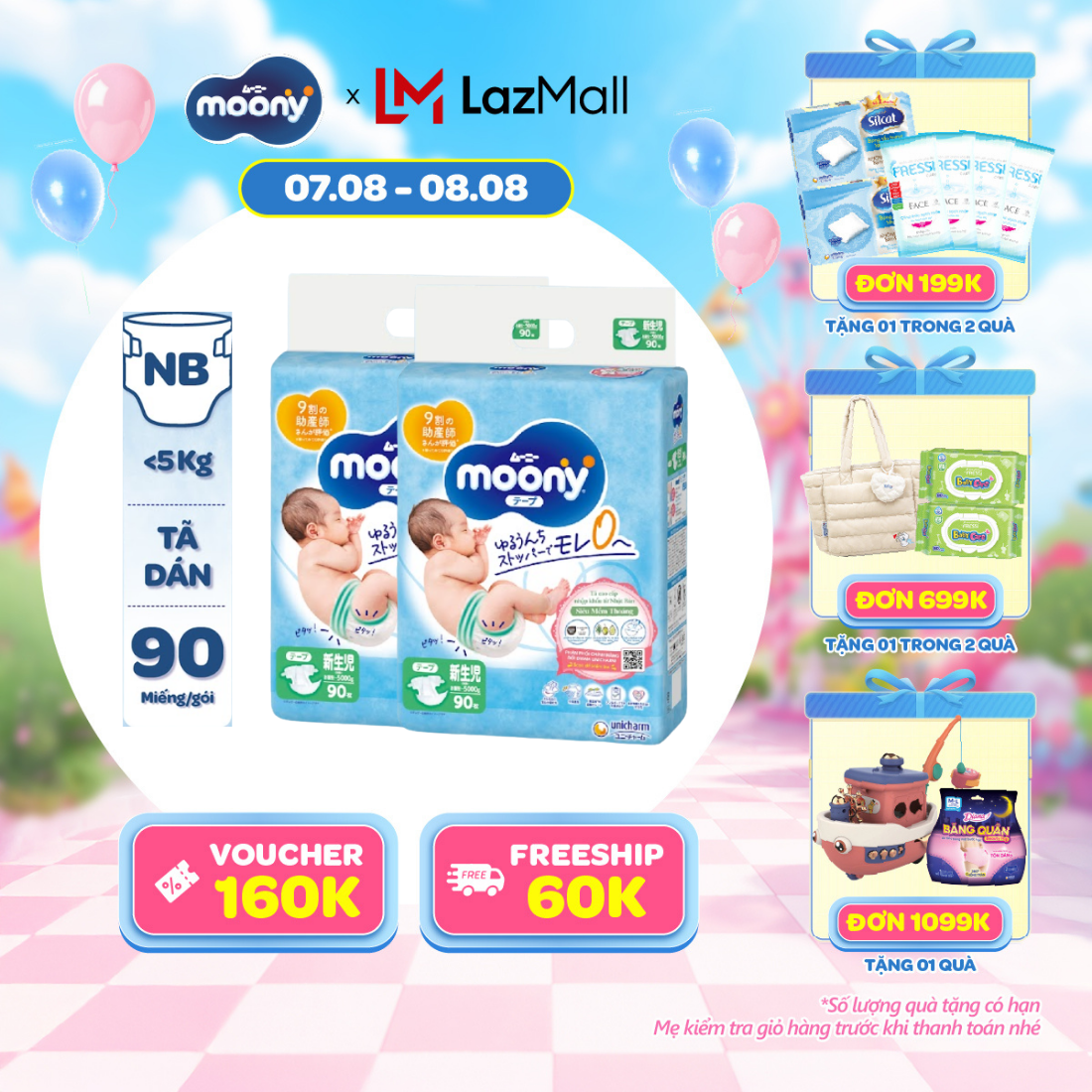 [20g 7-10.8 QUÀ TẶNG SLCH] Combo 2 tã dán cao cấp Moony Newborn 90 miếng - Nhập khẩu từ Nhật Bản