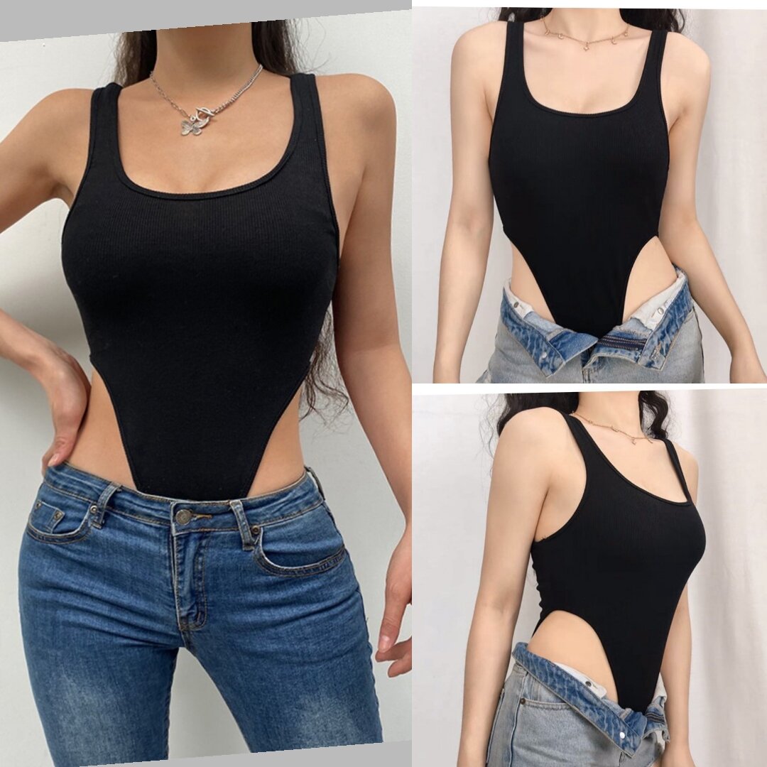 Áo Bodysuit khoét eo 3 lỗ trơn chất vải thun gân
