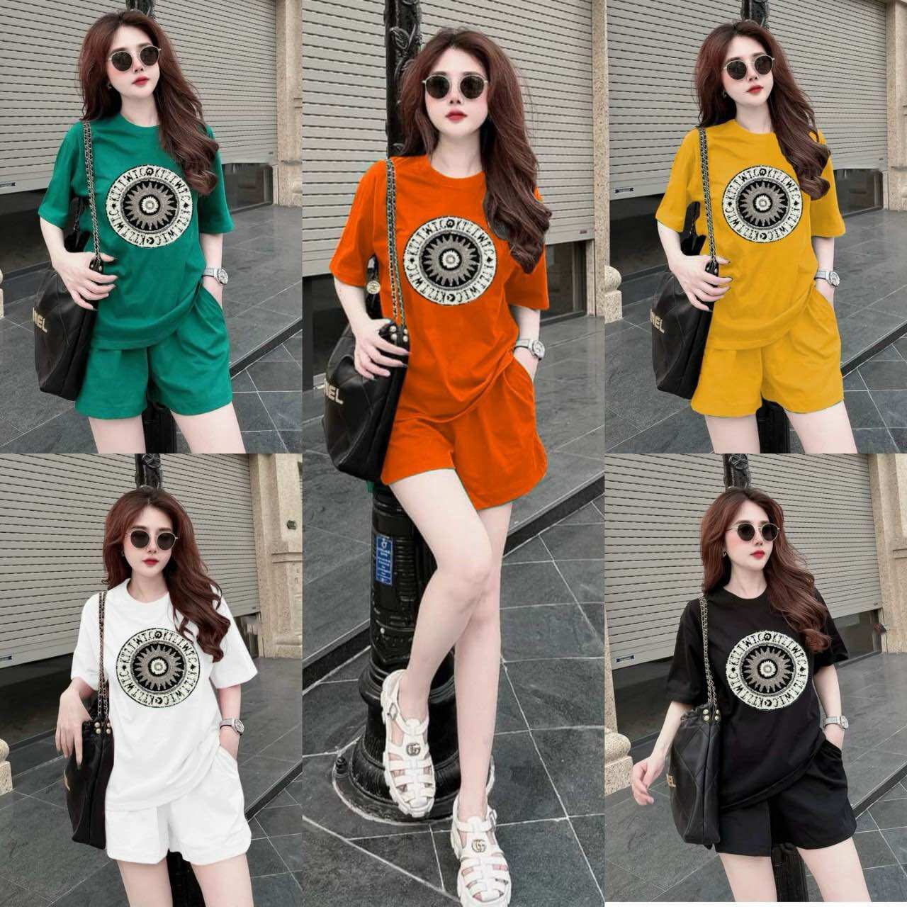 Sét bộ short cotton thêu logo quảng châu cao cấp