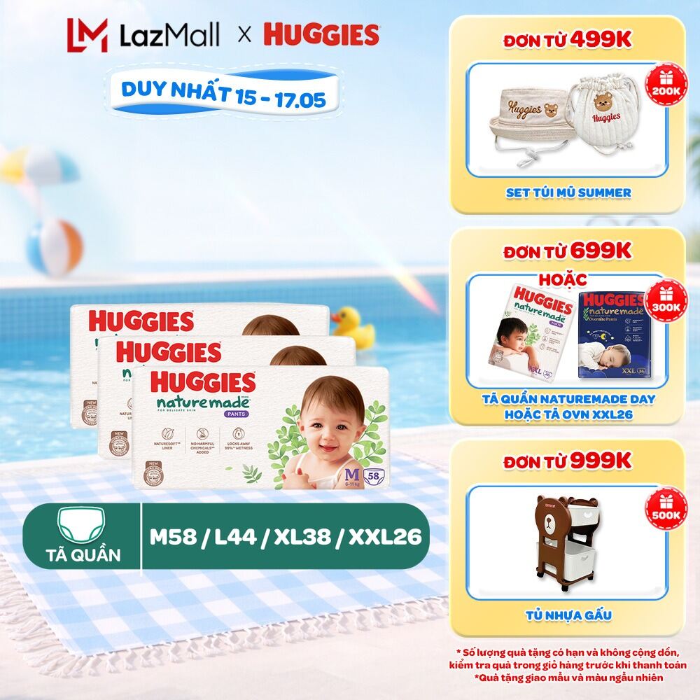 Combo 3 Tã quần Huggies Naturemade M58/L44/XL38/XXL26/XXXL28 miếng - QUÀ ĐÍNH KÈM GIỎ HÀNG, KIẾM TRA GIỎ HÀNG TRƯỚC KHI THANH TOÁN