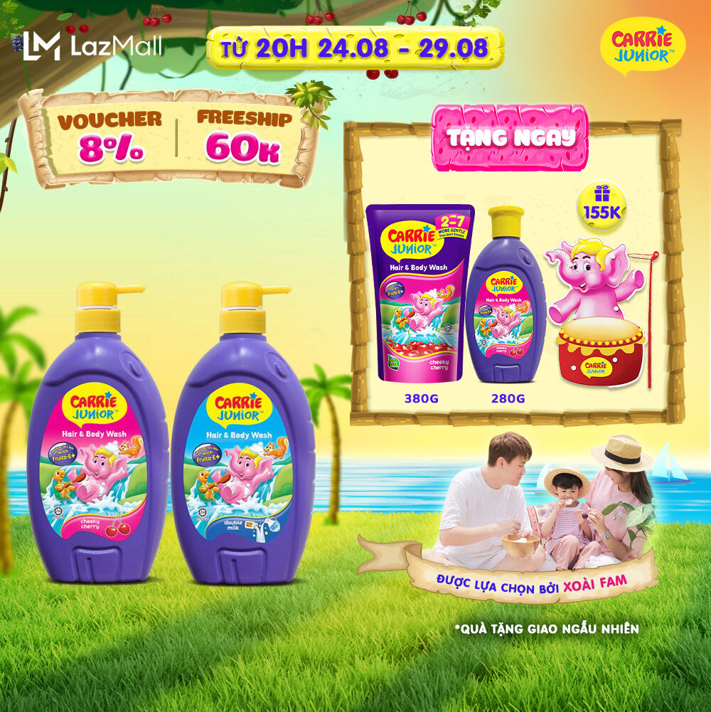 Combo 2 chai sữa tắm gội cho bé carrie junior 700g/chai: 1 hương cherry + 1 tinh chất sữa