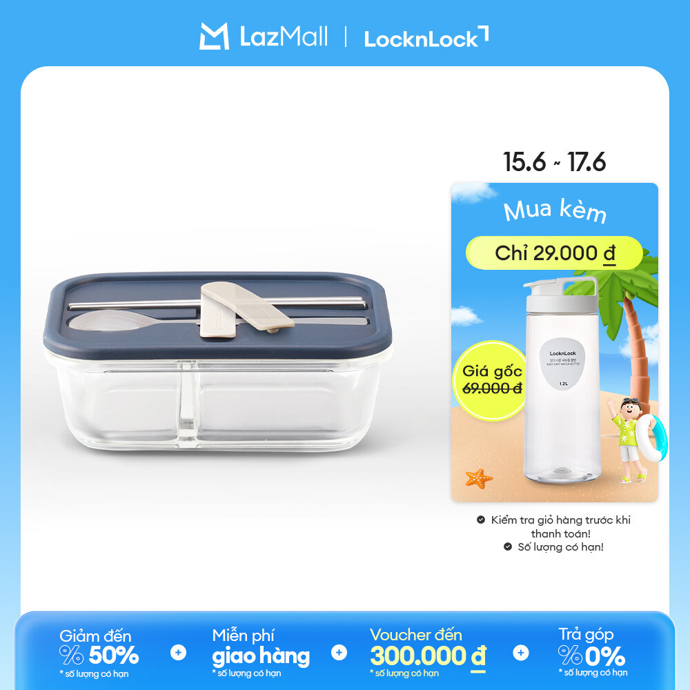 LockLock Glass Lunch Box with Spoon and Chopsticks 930ml - Llg991Cl - 2 Compartments - for Use in the Microwave - Blue/Pink