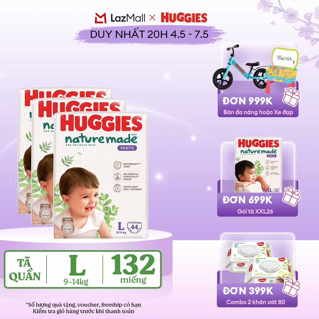 [CHỈ 20h 04-07.05 QUÀ TẶNG ĐƠN 399K](Mua 1 tặng 1)  Combo 3 Tã/Bỉm quần HUGGIES PLATINUM NatureMade L44 (9-14kg)-Gói Jumbo 44 miếng