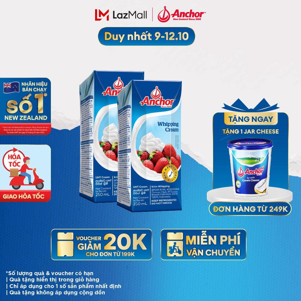 [GIAO HÀNG HỎA TỐC - HCM] Combo 2 Kem Sữa Tươi Tiệt Trùng Anchor Whipping Cream Hộp 250Ml