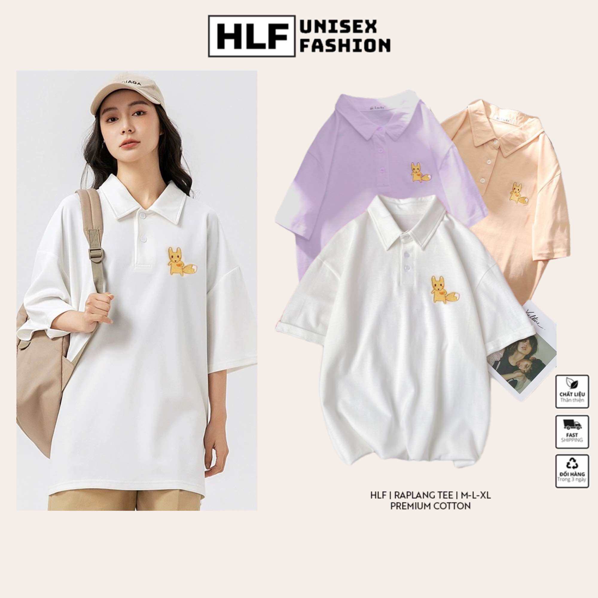 Áo thun polo tay lỡ thêu hình hồ ly cực đẹp áo có cổ HLFashion