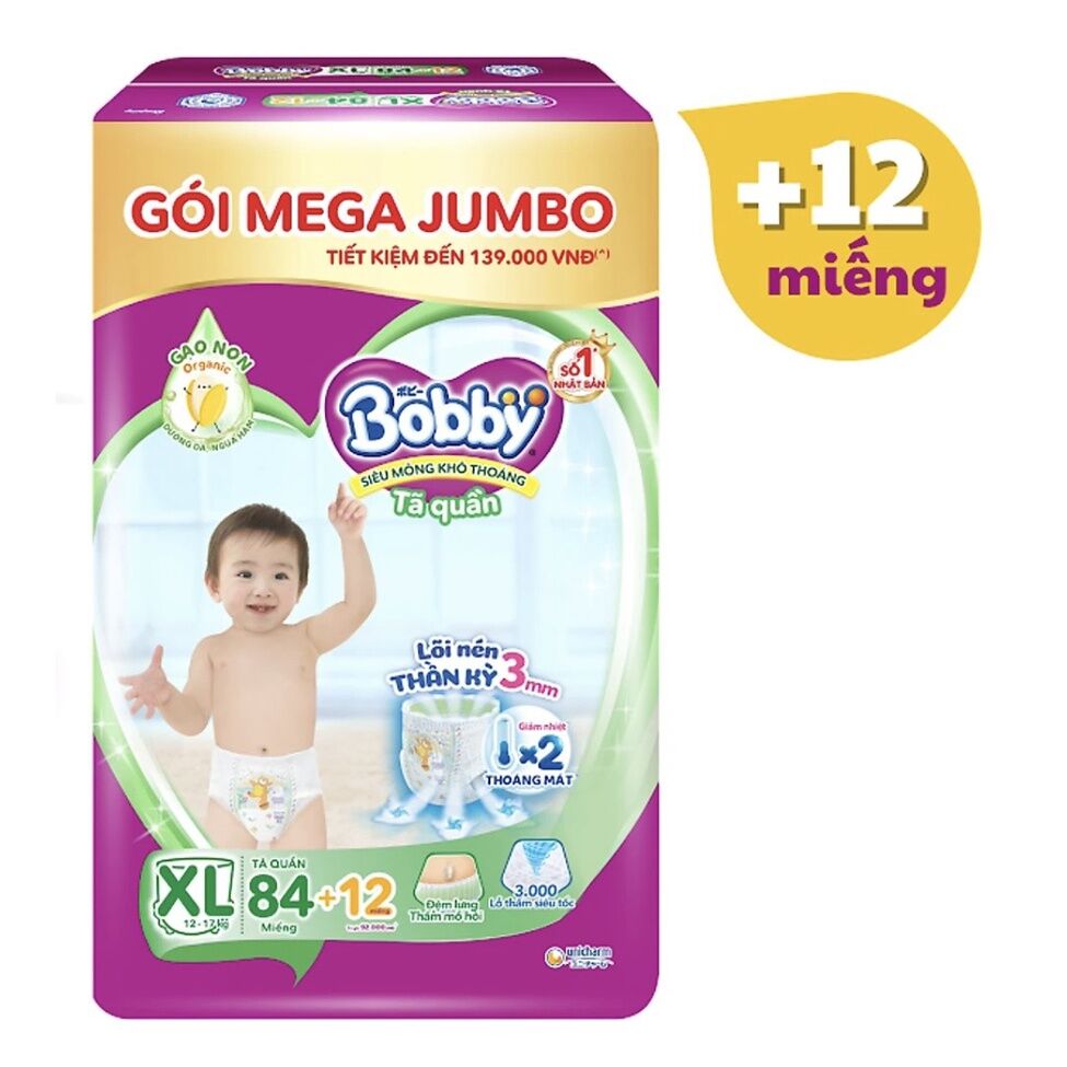 [Date 2026] Tã bỉm quần Bobby XL 84 miếng/XL84 + 8 miếng mẫu mới Gạo non