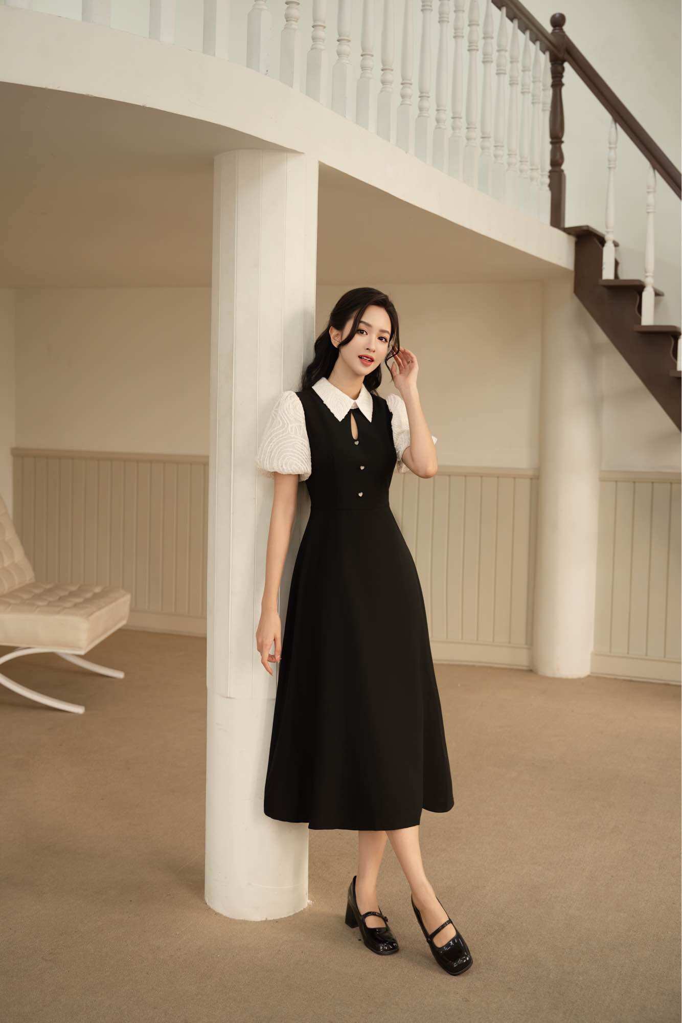 Váy dài phối tay cổ ren Linci dress