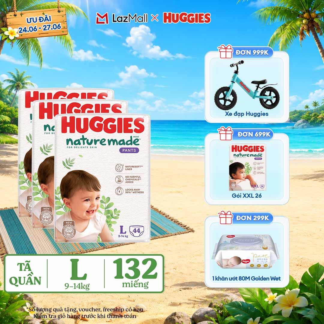 [Chỉ 25-29.06 QUÀ TẶNG ĐƠN 399K](Mua 1 tặng 1)  Combo 3 Tã/Bỉm quần HUGGIES PLATINUM NatureMade L44 (9-14kg)-Gói Jumbo 44 miếng