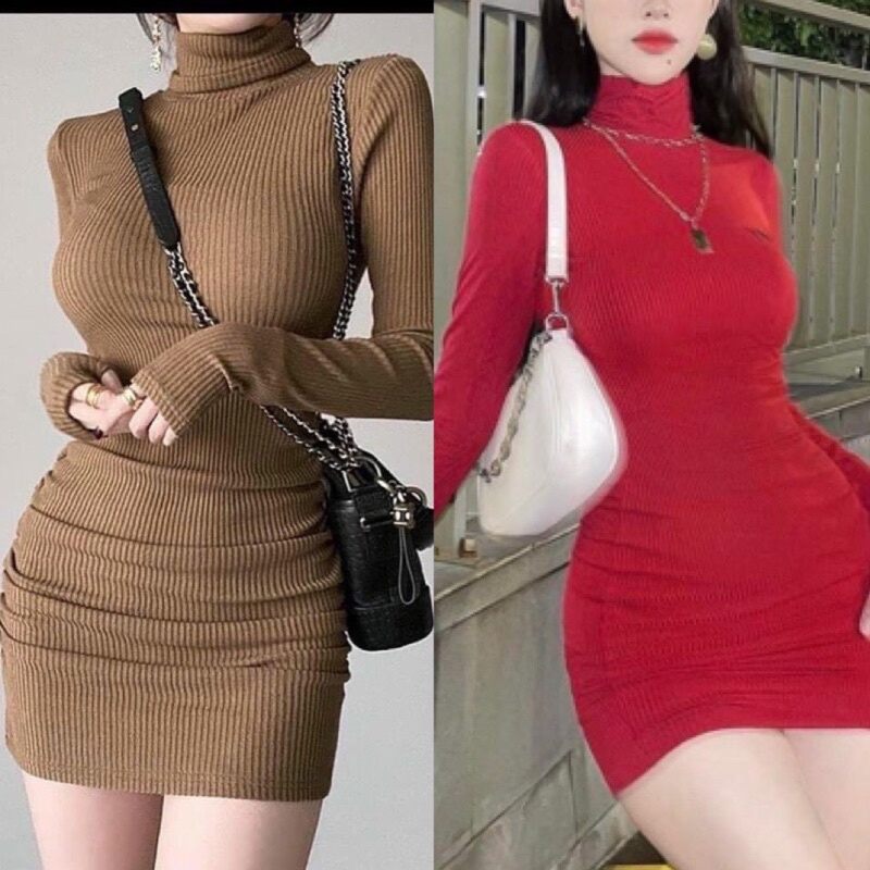 đầm body cổ cao tay dài chất thun gân
