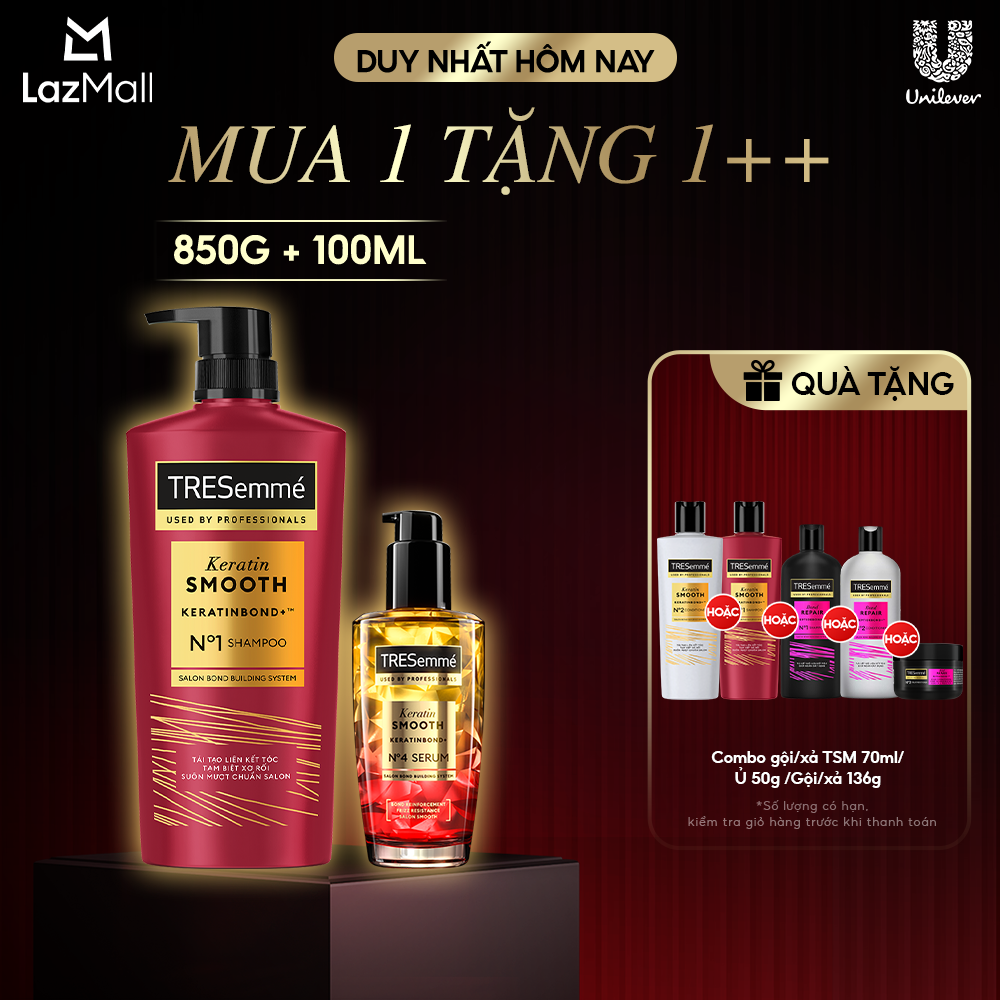 Combo Dầu Gội, Serum Dưỡng Tóc TRESemmé Keratin Smooth Keratinbond+ 850g, 100ml Cho Tóc Khô Xơ Rối Vào Nếp Suôn Mượt