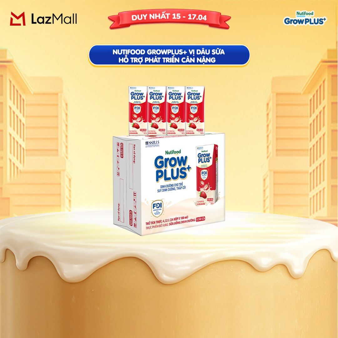 Thùng 24 hộp Sữa bột pha sẵn Nutifood GrowPLUS+ Vị Dâu Sữa hộp 180ml - Hỗ trợ phát triển cân nặng (24 hộp x 180ml)