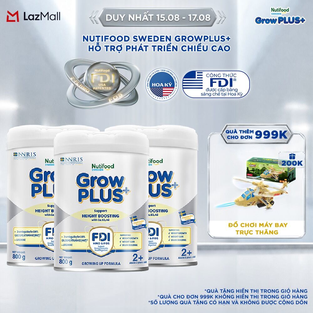 Combo 3 Sữa Bột Nutifood Sweden GrowPLUS+ Cao lớn vượt trội - Hỗ trợ phát triển chiều cao trên 2 tuổi (Bạc) 800g
