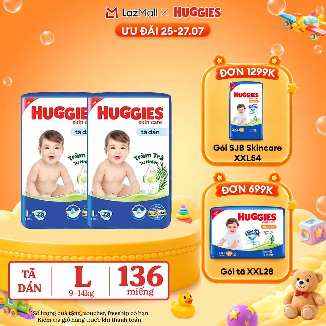 [25-29.7 GIẢM THÊM 90K] Combo 2 Tã dán Huggies Skincare Super Jumbo L68