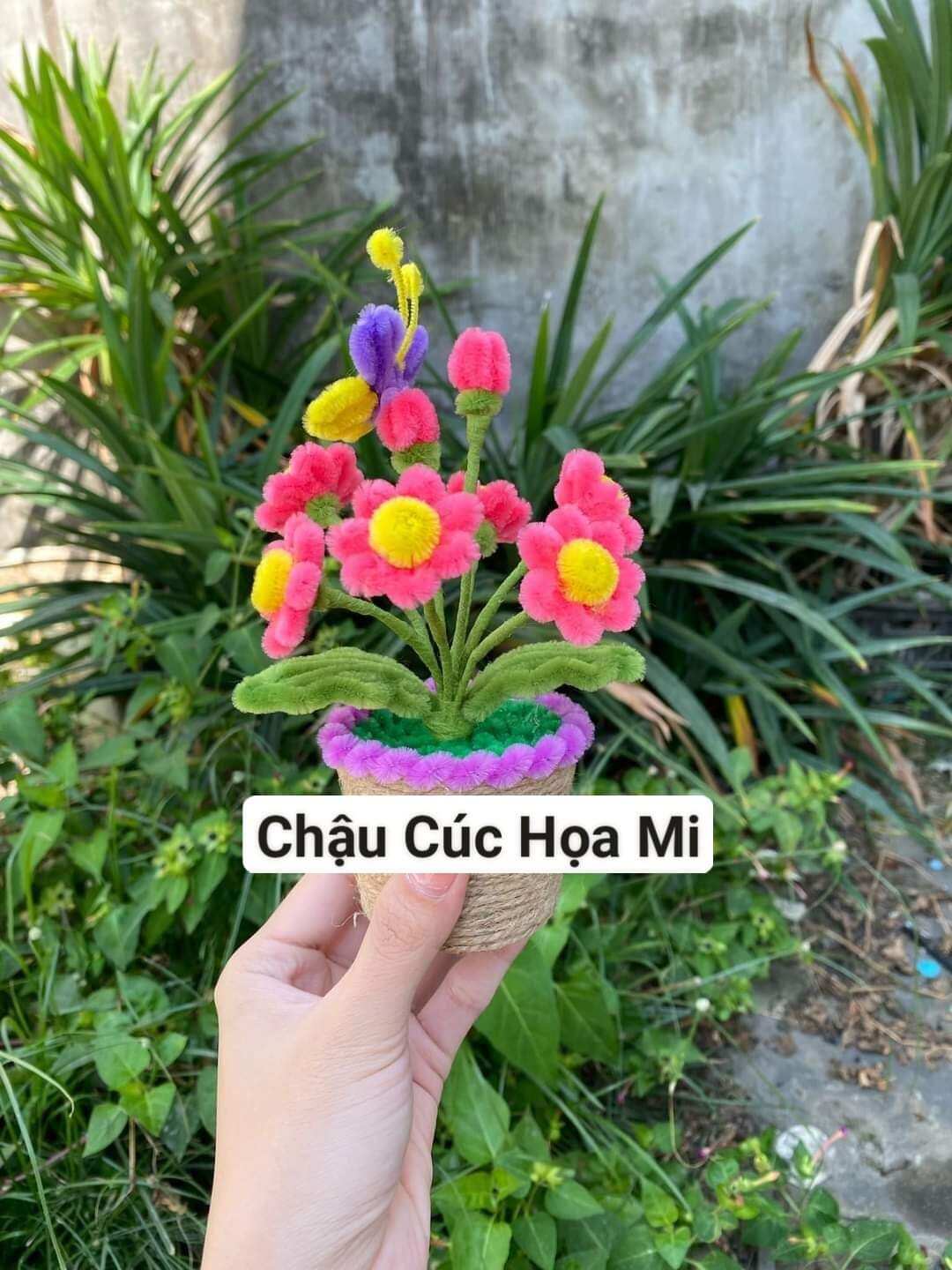 ( kèm túi đựng ) Chậu hoa mi ni bằng kẽm nhung làm sẵn