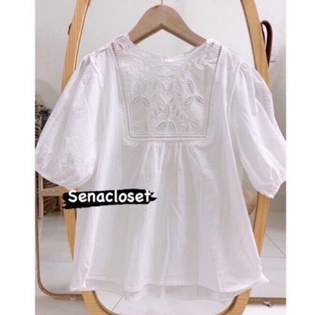 Senacloset - Áo sơmi tay ngắn thêu hoa xinh xắn
