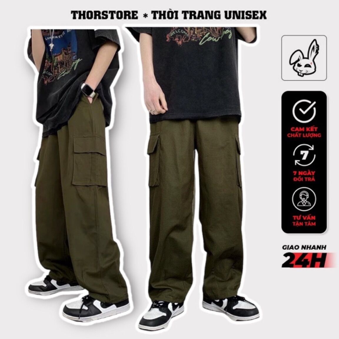 Quần túi hộp unisex,thiết kế ống rộng màu nâu ánh rêu Mã Cargo rêu