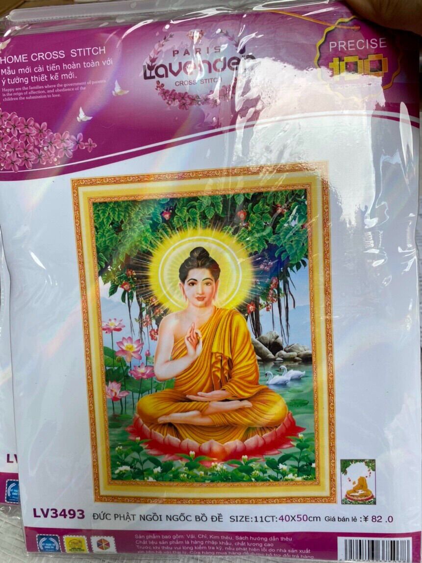 Tranh thêu chữ thập đức phật ngồi gốc bồ đề / lv3493/ 45x50cm/ chưa thêu