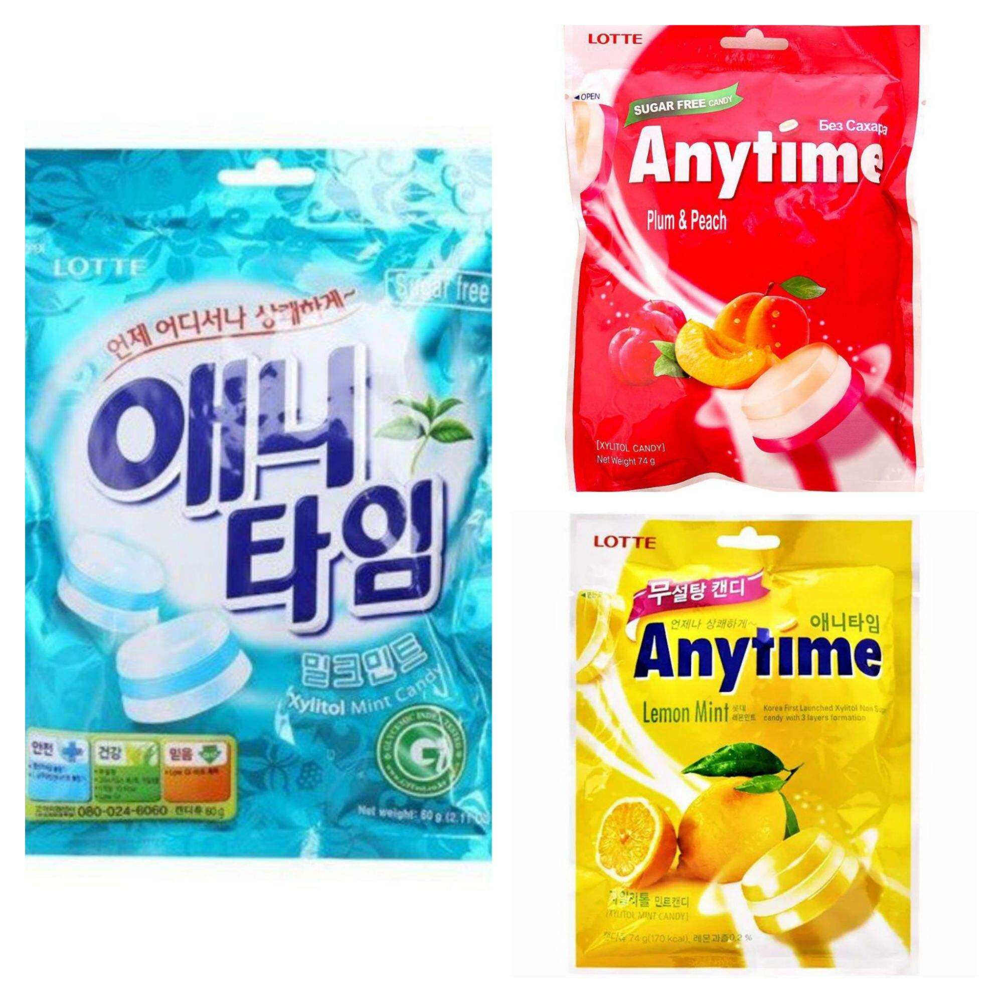 Kẹo Lotte Anytime không đường vị bạc hà/chanh/đào 65g