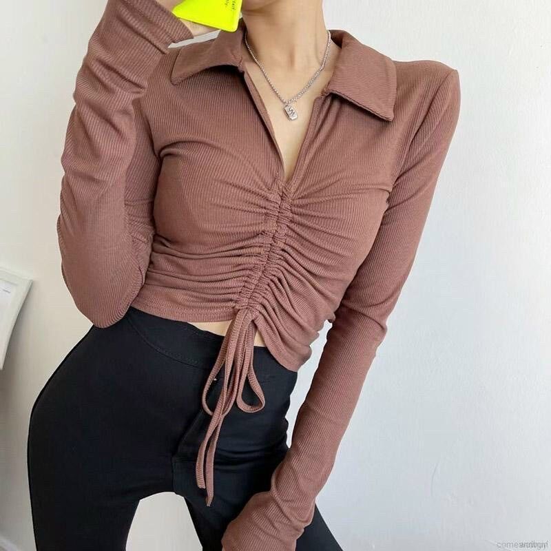 Áo gân tay dài cổ bẻ rút dây giữa