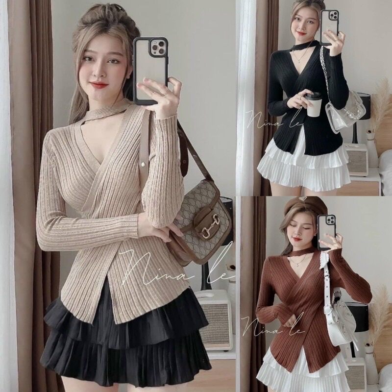 Set áo thun gân vạt chéo kèm váy dập ly be2/v5