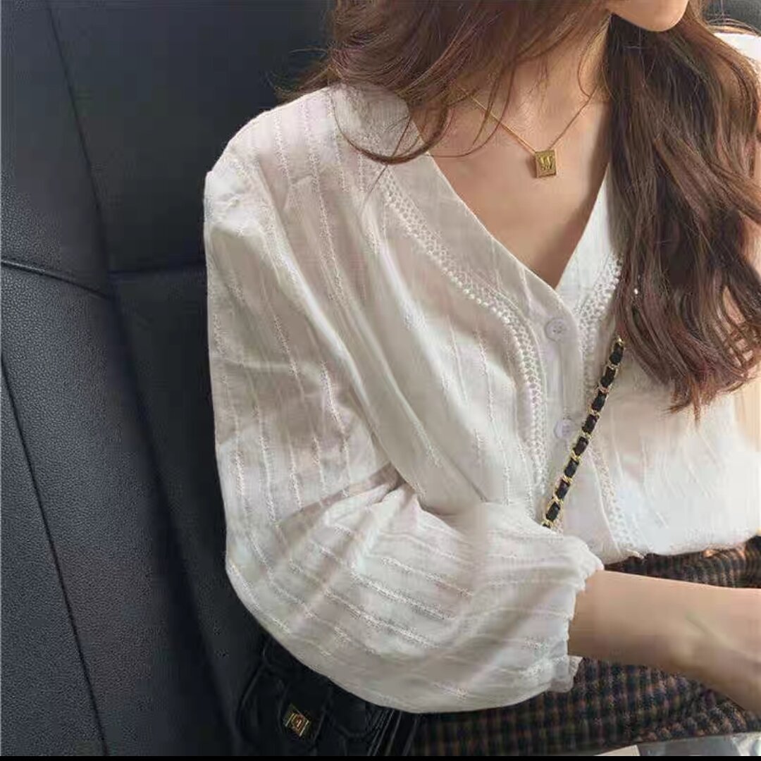 áo sơ mi cổ v viền ren vintage tiểu thư ảnh thật