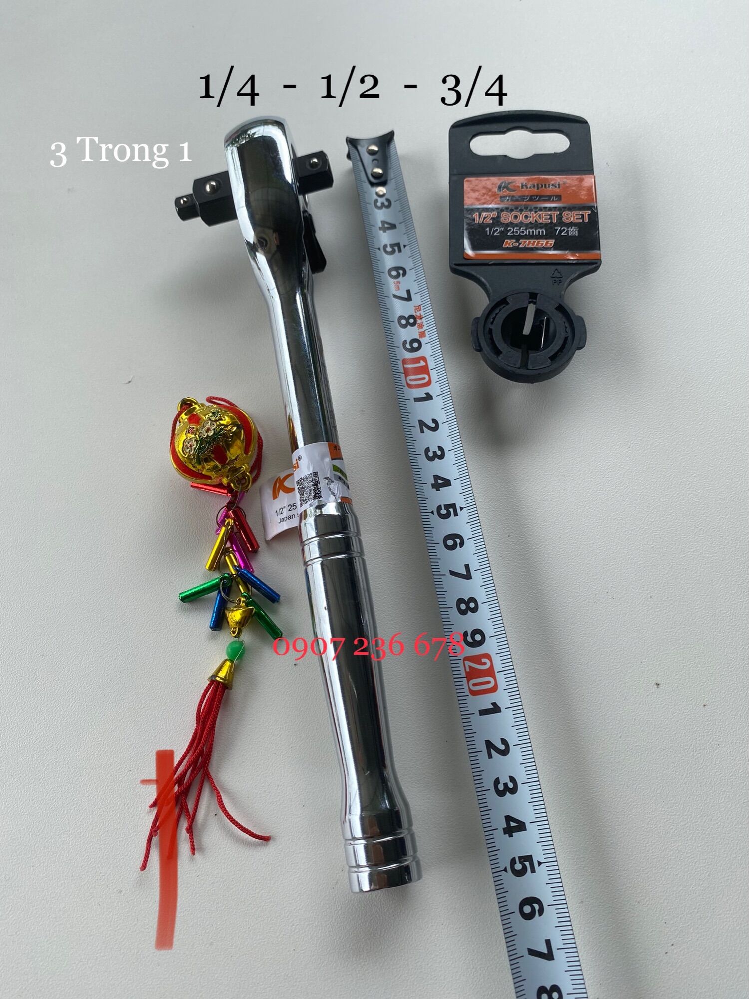 Cần siết tự động 3 trong 1 hệ 1/2, 3/8, 1/4 inch hãng kapusi, dài 25cm