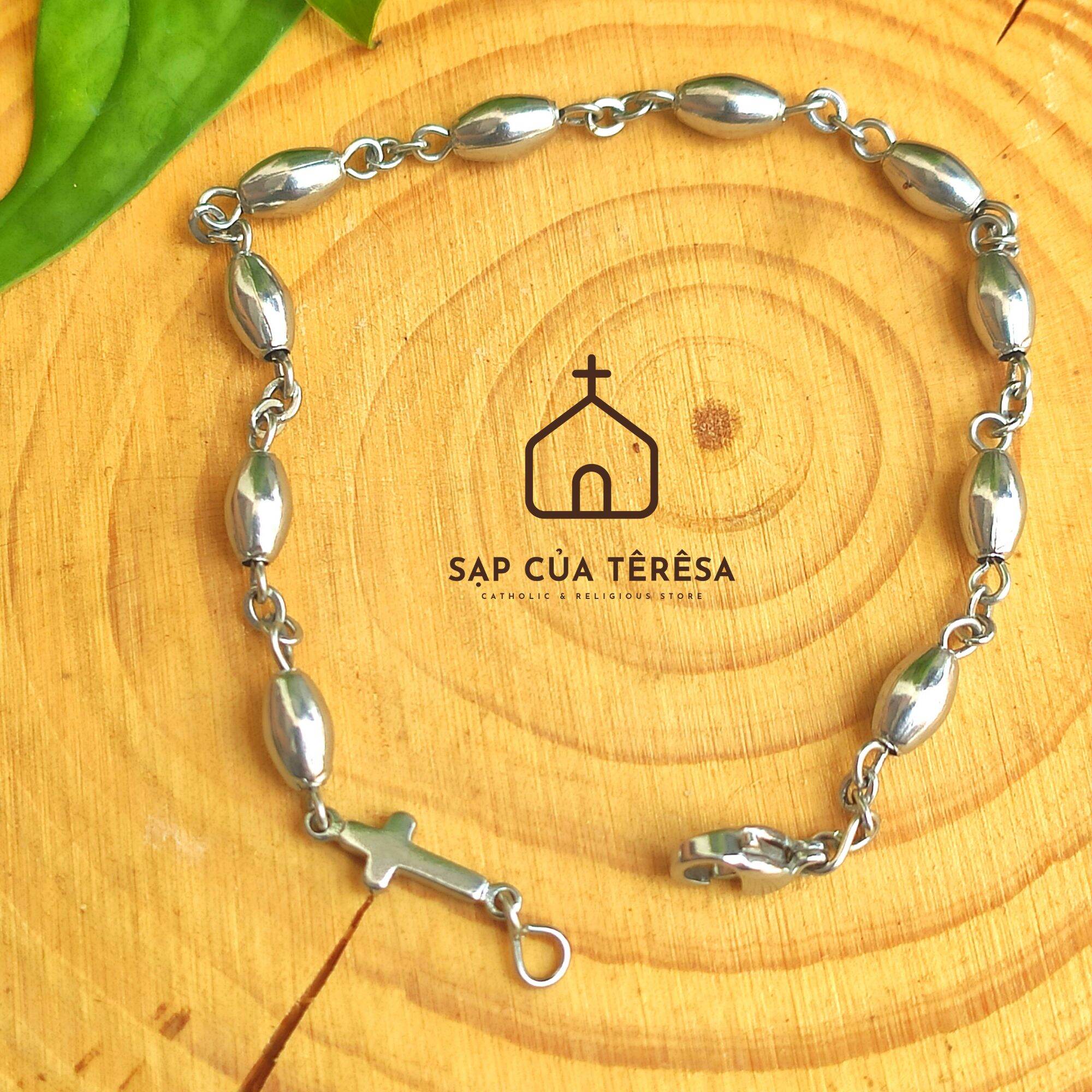 Chuỗi lắc tay inox hình Công Giáo, đốt bầu dục đan xen - Sạp của Teresa Catholic