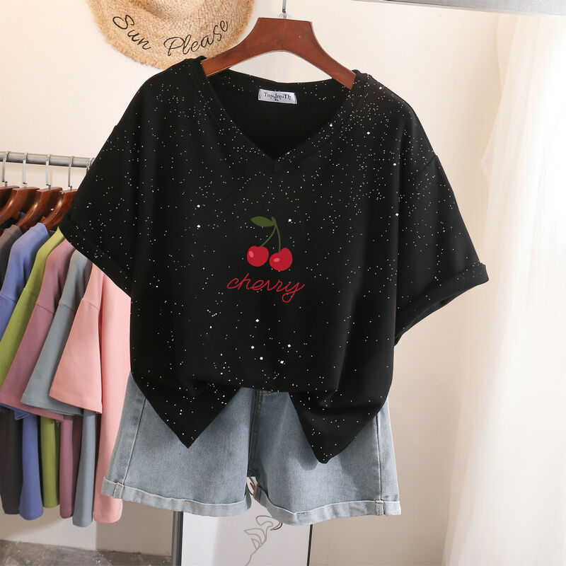 Áo Phông 2023 Cotton Cho Cô Nàng Mập Cỡ Lớn Ít Người Biết Cảm Giác Thiết Kế Trang Phục Mùa Hè Ngắn Tay Cho Nữ Áo Cổ V Che Bụng Rộng Rãi Mẫu Mới Sành Điệu