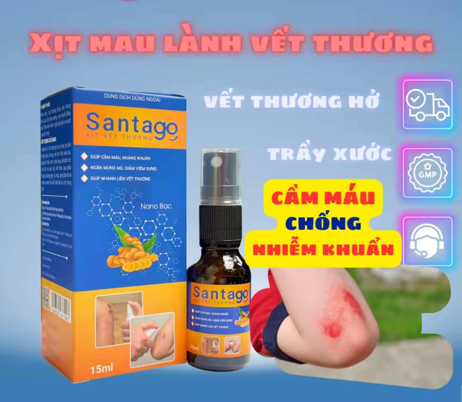 Xịt vết thương hở santago giúp sát khuẩn, nhanh lành vết thương hở công nghệ nano bạc tái tạo da bị tổn thương chai 15ml