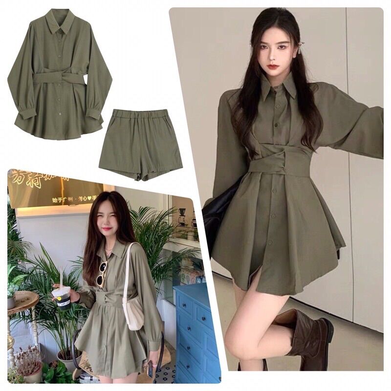 Áo sơmi form dài giấu quần KÈM quần short xanh rêu military