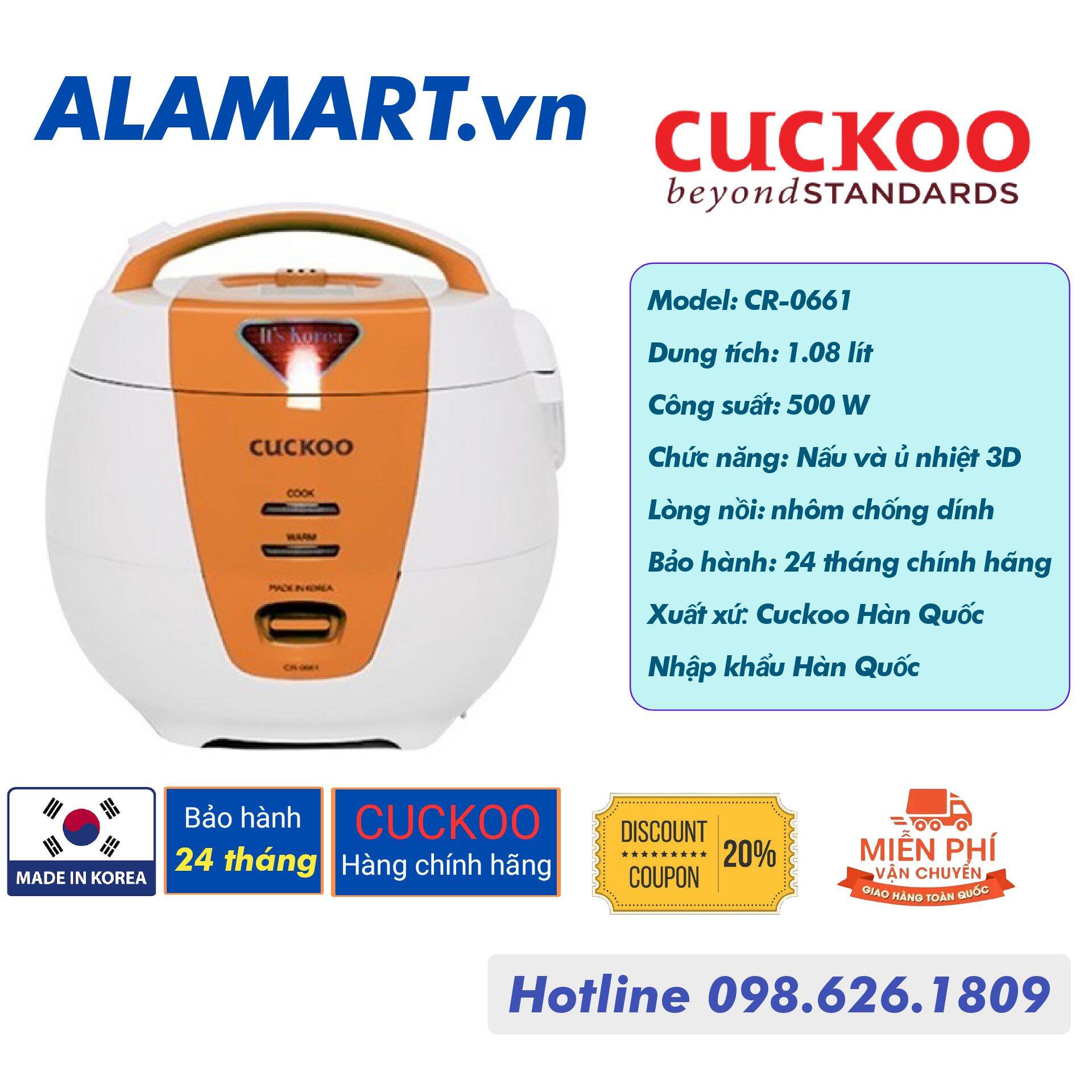 [HCM]Nồi cơm điện Cuckoo 1.08 lít CR-0661 (nhập khẩu Hàn Quốc)