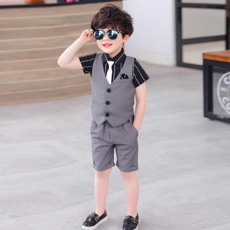 Lễ phục bé trai bộ vest vest trẻ em bộ vest gile ba chiếc lễ phục cưới mùa hè phong cách anh âu phục nhỏ cho người dẫn chương trình hoa trẻ em