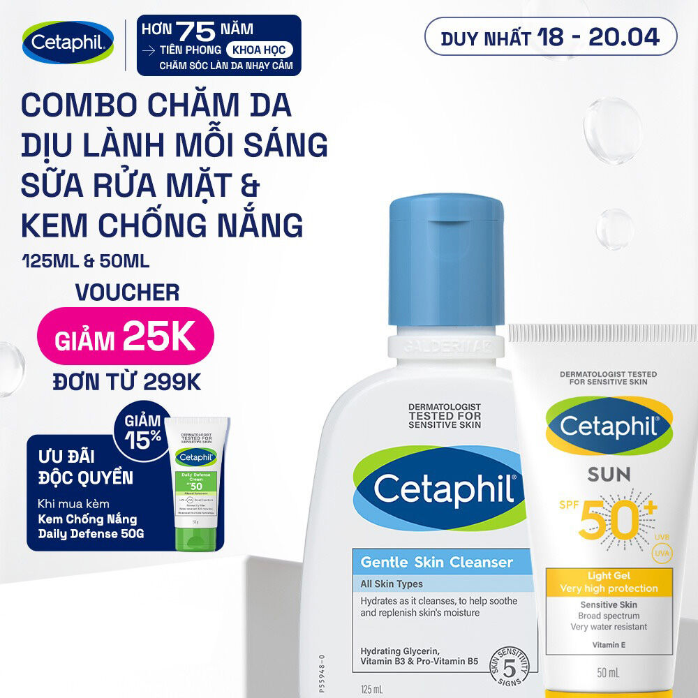 Bộ Sữa rửa mặt CETAPHIL GENTLE SKIN CLEANSER 125ML  Gel chống nắng dịu lành CETAPHIL SUN SPF 50+ LIGHT GEL 50ML