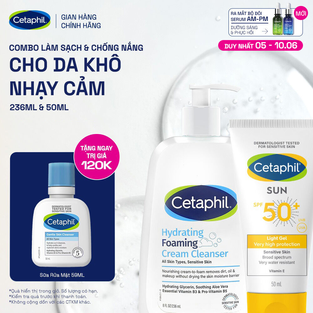 Combo Làm sạch  Chống nắng cho da khô - Sữa Rửa Mặt Tạo Bọt Cetaphil Hydrating Foaming 236ml + Gel chống nắng SPF 50+ 50ML